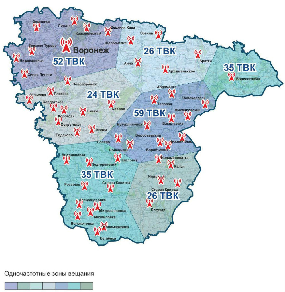 Карта охвата Цифрового телевидения в Воронежской области